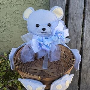 Blue Felt Bear Basket Accent with Tulle and Ribbon
